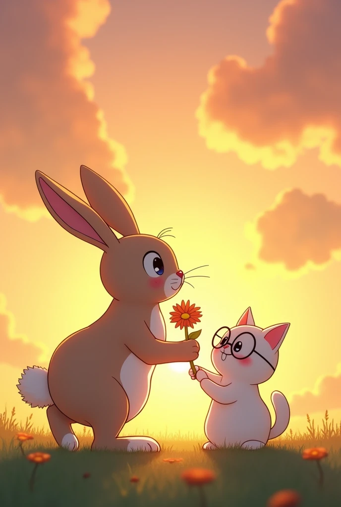 A rabbit with flowers in its hand next to a white cat with glasses at sunset stepping on grass, anime style