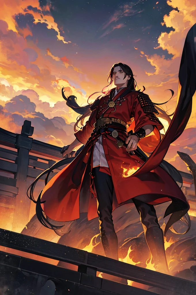 A dramatic, powerful scene depicting Oda Nobunaga raising his arms to the sky in a victorious stance. He is standing atop a grand, elevated platform, overlooking a sprawling cityscape of Kyoto in the background. Nobunaga is dressed in elaborate samurai armor, with a distinctive, fierce expression on his face. Above him, a dramatic sky with dark, swirling clouds accentuates the intense mood. A glowing, ethereal aura surrounds him, symbolizing his self-proclaimed title of "The Sixth Day Demon King" (Sixth Heaven Demon King). The atmosphere conveys a sense of awe and intimidation, showcasing Nobunaga's assertion of authority and dominance.