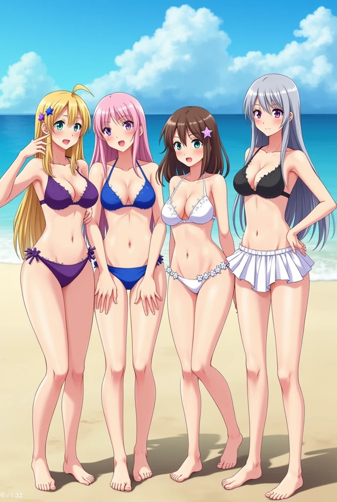 ((best quality)), ((masterpiece)), (detailed), 4 girls gathered on the beach, photo pose, 1 girl, full body, 20 years old, young adult, happy face, smile, young adult, tall, blue eyes, long blonde hair, hair ornaments, star hair ornaments, bangs, big breasts, sexy purple bikini, bikini with stars, seductive legs, 1 girl, full body, 20 years old, young adult, surprised face, young adult, tall, green eyes, short pink hair, bangs, medium breasts, sexy blue bikini, seductive legs, sexy legs, 1 girl, full body, 19 years old, angry face, young adult, somewhat short stature, purple eyes, brown hair, slightly wavy hair, long hair, bangs, blush, very small breasts, sexy white bikini with skirt, seductive legs, 1 girl, full body, years old, young adult, embarrassed face, tall, gray eyes, long gray hair, long hair, sexy white bikini with skirt, seductive ... spiky, ahoge, bangs covering her right eye, very small breasts, flat chest, sexy black bikini, seductive legs, beach background, looking at me, anime