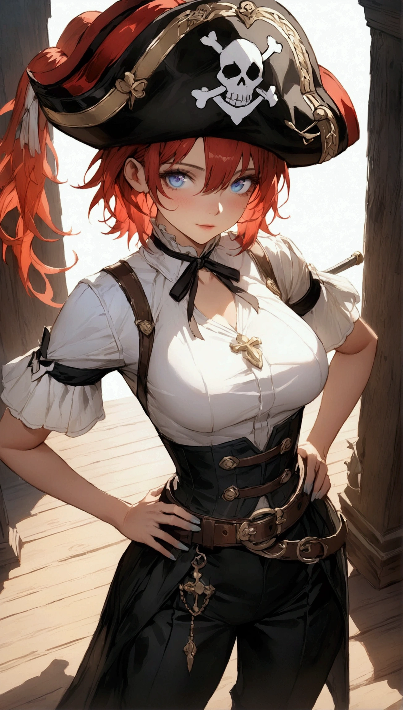 (Masterpiece. The best quality. 8K. Sharp focus. Depth of field, The best shadows. Perfect lighting. HDR. Realistic skin texture. Ultra-detailed background. Detailing). Anime style. Honkai: Star Rail. March 7. 1 girl. Fiery red hair, short hair. Azure blue eyes, beautiful eyes, beautiful eyes, expressive eyes. Beautiful nose, perfect facial features. Perfect anatomical body, slender figure, second size breasts, beautiful breasts, slender waist, rounded hips, beautiful long legs. Pirate hat, white blouse, pirate pants, Uniform cloak, shoulder straps with the Jolly Roger, knee-length boots, wide belt at the waist. Saber and musket behind the belt. Hands on hips. Feet shoulder-width apart. Standing on the deck. Standing at full height. Concept art. Looking at the viewer. Full body.