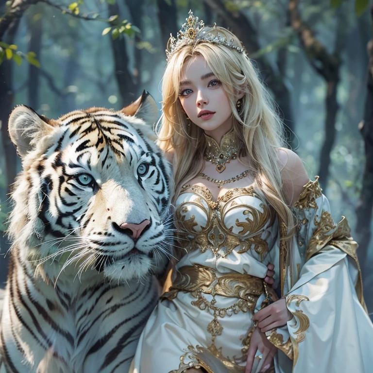 Standing in the forest、Hair Flow、 ((Highest quality、masterpiece、8k、Best image quality、Ultra-high resolution、Award-winning works)、(Accurate anatomy:1.1)、(Look at me and smile:1.1)、Shining fair skin with Ultra-high resolution、The most detailed face、Ultra-high resolution detailed face、Ultra-high resolutionのblond hair、(Ultra-high resolution eye:1.1)、Beautiful face drawn in every detail、Traditional Russian costume , Chest to chest, Strange atmosphere, Next to him stands a real white tiger, Dark Light, in the forest , Heavy makeup