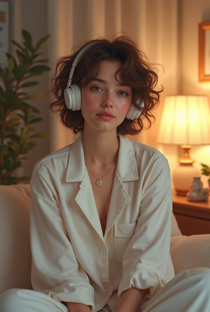 (photorealism:1.2), beautiful woman, white background, white pajama, wearing headphone, pajama pants, short curly hair, indoors, soft lighting, cozy room, sweet pose, realistic, intricate details, warm colors, by Greg Rutkowski, by Alphonse Mucha