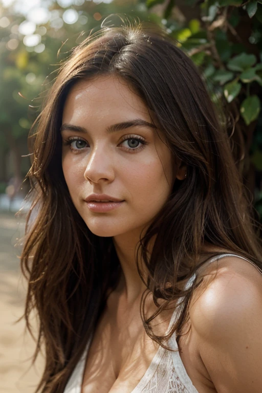 A photorealistic portrait of a 28-year-old Spanish woman with long, luxurious brunette hair and
captivating blue eyes. Her expression should be natural and inviting, illuminated by the soft, warm light of the golden hour. The setting for this portrait should be a picturesque outdoor scene, such as a sun-kissed park or beach. Capture this image with a high-resolution photograph using an 85mm lens to achieve a flattering and engaging perspective.