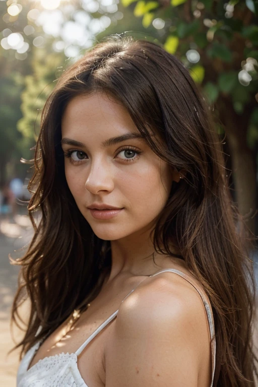 A photorealistic portrait of a 28-year-old Spanish woman with long, luxurious brunette hair and
captivating blue eyes. Her expression should be natural and inviting, illuminated by the soft, warm light of the golden hour. The setting for this portrait should be a picturesque outdoor scene, such as a sun-kissed park or beach. Capture this image with a high-resolution photograph using an 85mm lens to achieve a flattering and engaging perspective.
