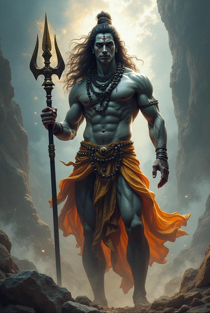 Lord shiva lean shredded body weapon in his hand beautiful face with aura