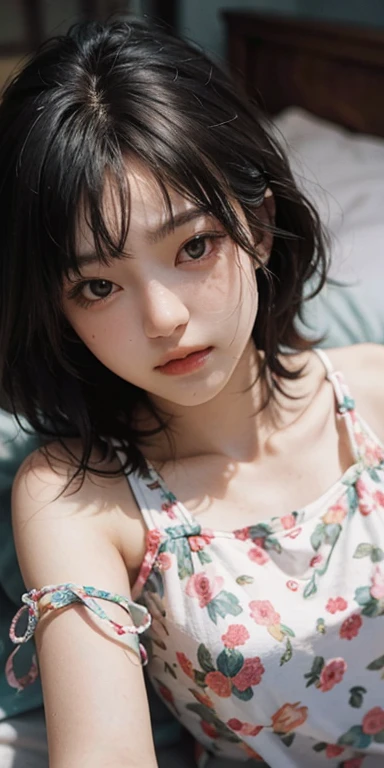 Cute girl lying face down on the bed and looking at you, 22 years old, Realistic, she is wearing shorts, She is wearing floral pajamas, short hair.Shoulder Bare、Chest visible from the front