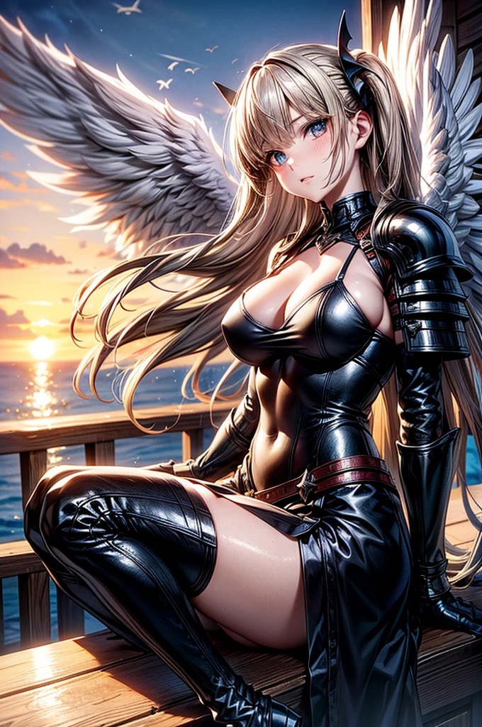 female archangel prepared for battle, an extremally beautiful warrior valkyre, ultra feminine, long hair, dark blonde hair, braided hair, wearing divine heavy armor, long leather boots, cleavage, big breasts, hiding hands, hands behind her back, (white armor: 1.2), full plate armor, (angel wings: 1.2) spread, angel wings on both sides of her back, posing for a picture, full body, floating mid-air, sunset, 16k, RAW, ultra wide shot, photorealism, depth of field, hyper realistic, 2.5 rendering, ray tracing