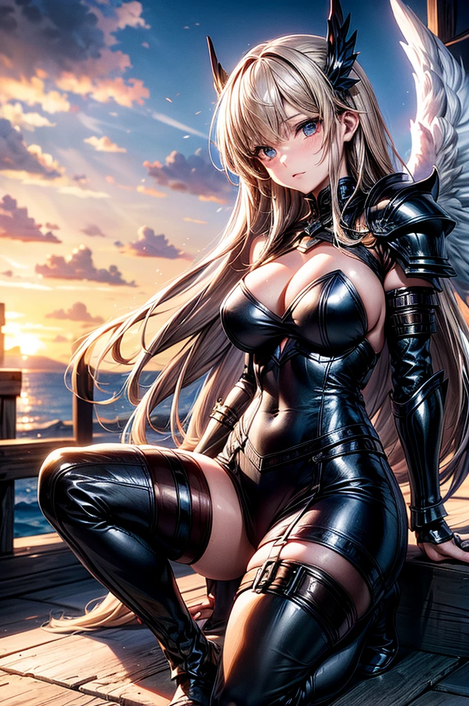 female archangel prepared for battle, an extremally beautiful warrior valkyre, ultra feminine, long hair, dark blonde hair, braided hair, wearing divine heavy armor, long leather boots, cleavage, big breasts, hiding hands, hands behind her back, (white armor: 1.2), full plate armor, (angel wings: 1.2) spread, angel wings on both sides of her back, posing for a picture, full body, floating mid-air, sunset, 16k, RAW, ultra wide shot, photorealism, depth of field, hyper realistic, 2.5 rendering, ray tracing