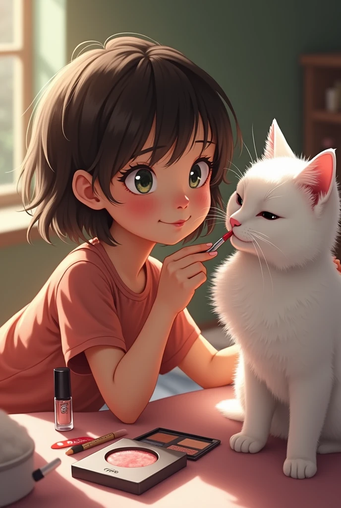 A girl plays with makeup and puts it on her white cat's face. The girl has short hair and the cat is wearing lipstick. 