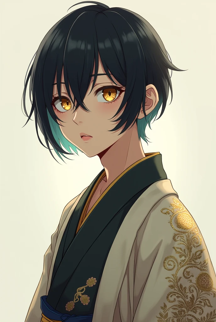 Anime boy with 174 cm height,yellow light eyes black long touching shoulder in Japanese clothing from the Edo period