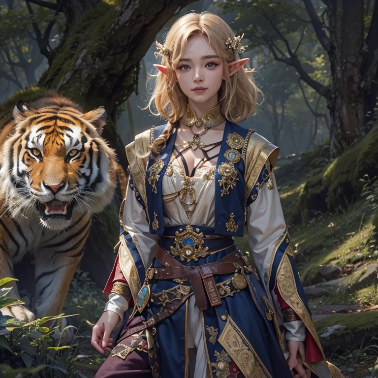 Hair Flow、 ((Highest quality、masterpiece、8k、Best image quality、Ultra-high resolution、Award-winning works)、(Accurate anatomy:1.1)、(Look at me and smile:1.1)、Shining fair skin with Ultra-high resolution、The most detailed face、Ultra-high resolution detailed face、Ultra-high resolutionのblond hair、(Ultra-high resolution eye:1.1)、Beautiful face drawn in every detail、Georgian traditional costume , Chest to chest, Strange atmosphere, Next to him stands a real sabre-toothed tiger, Dark Light, in the forest , Heavy makeup、Elf Ears、