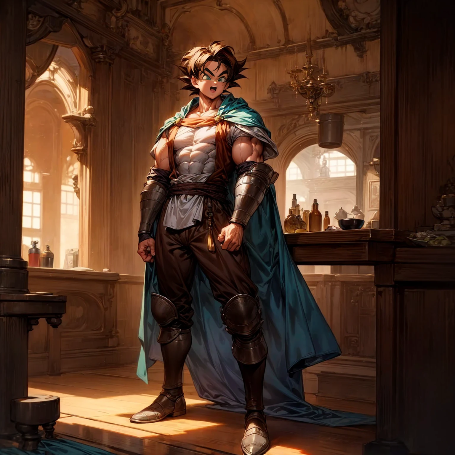 Solo character, full body version, young man, big muscle, chin beard, big torso, green eyes, brown hair, short hair, bob hair, Curly hair, casual clothing, short pants, bandage, boots, armor, indoor, bar, village, medieval, morning, standing gesture, detailed background, detailed clothing, detailed hair, happy eyes, open mouth, (dragon ball style art)