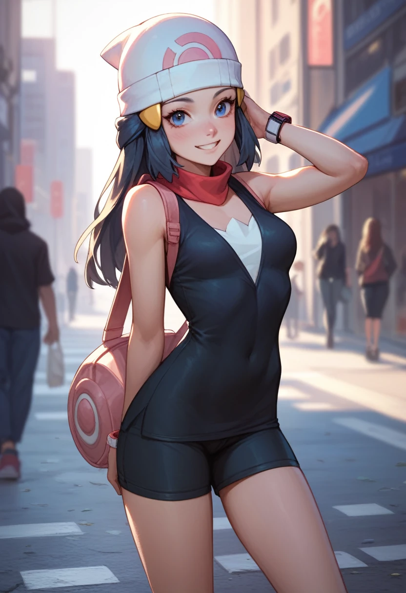 masterpiece, Best Quality, 1 girl, dawn \(Pokémon\), without hat, by the wide, For the blue, blue eyes, smile, looking at the viewer, city background,Street,sexy,