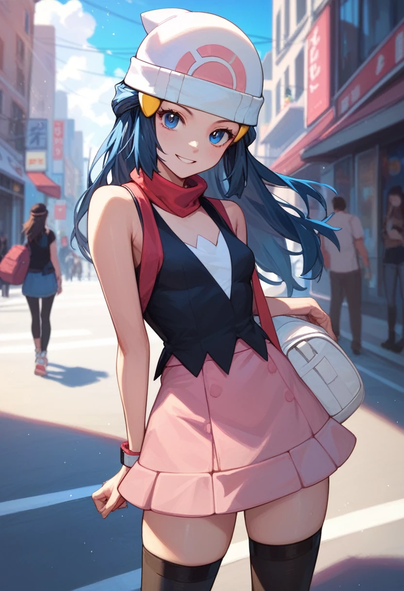 masterpiece, Best Quality, 1 girl, dawn \(Pokémon\), without hat, by the wide, For the blue, blue eyes, smile, looking at the viewer, city background,Street,sexy,