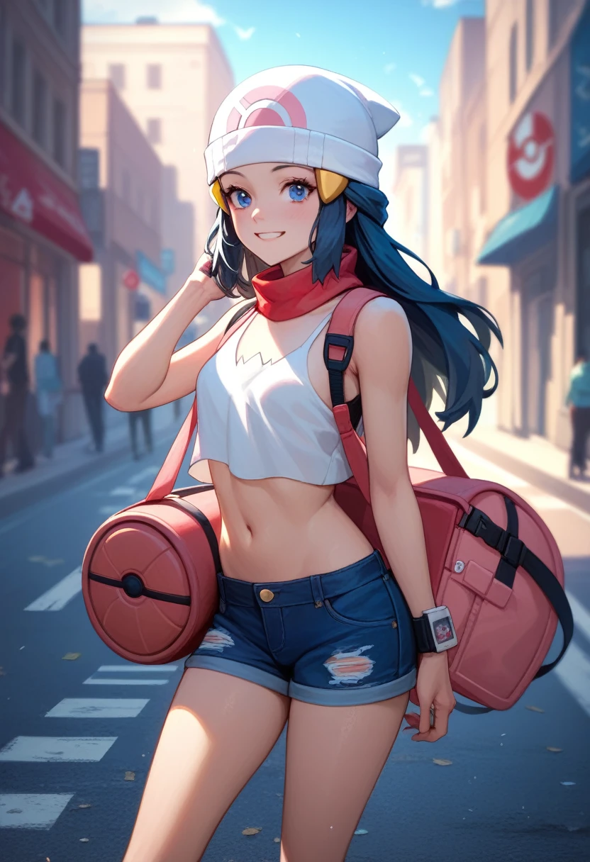 masterpiece, Best Quality, 1 girl, dawn \(Pokémon\), without hat, by the wide, For the blue, blue eyes, smile, looking at the viewer, city background,Street,sexy,