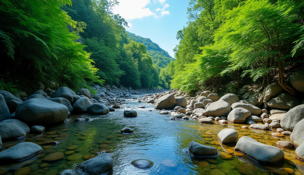 Atmosphere picture, clear stream surrounded by rocks, ferns, blue sky in Thailand, real picture, sharp HDR 