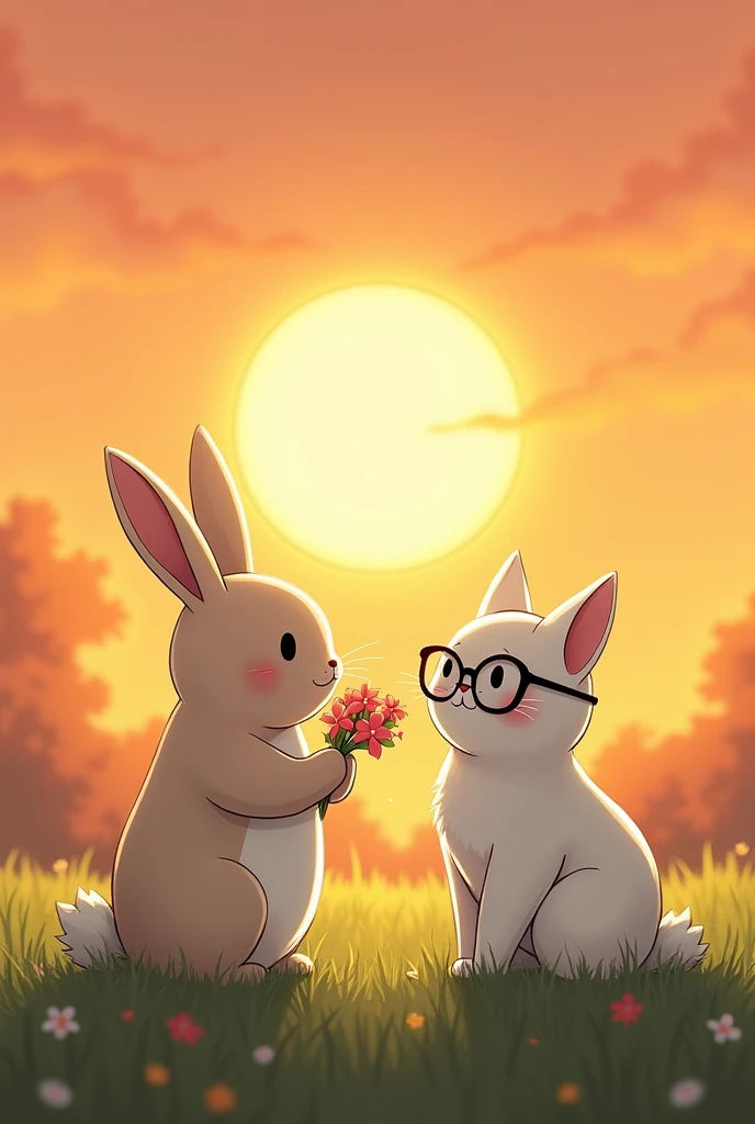 A rabbit with flowers in its hand next to a cat bigger than the rabbit and white with glasses in a sunset stepping on grass, anime style
