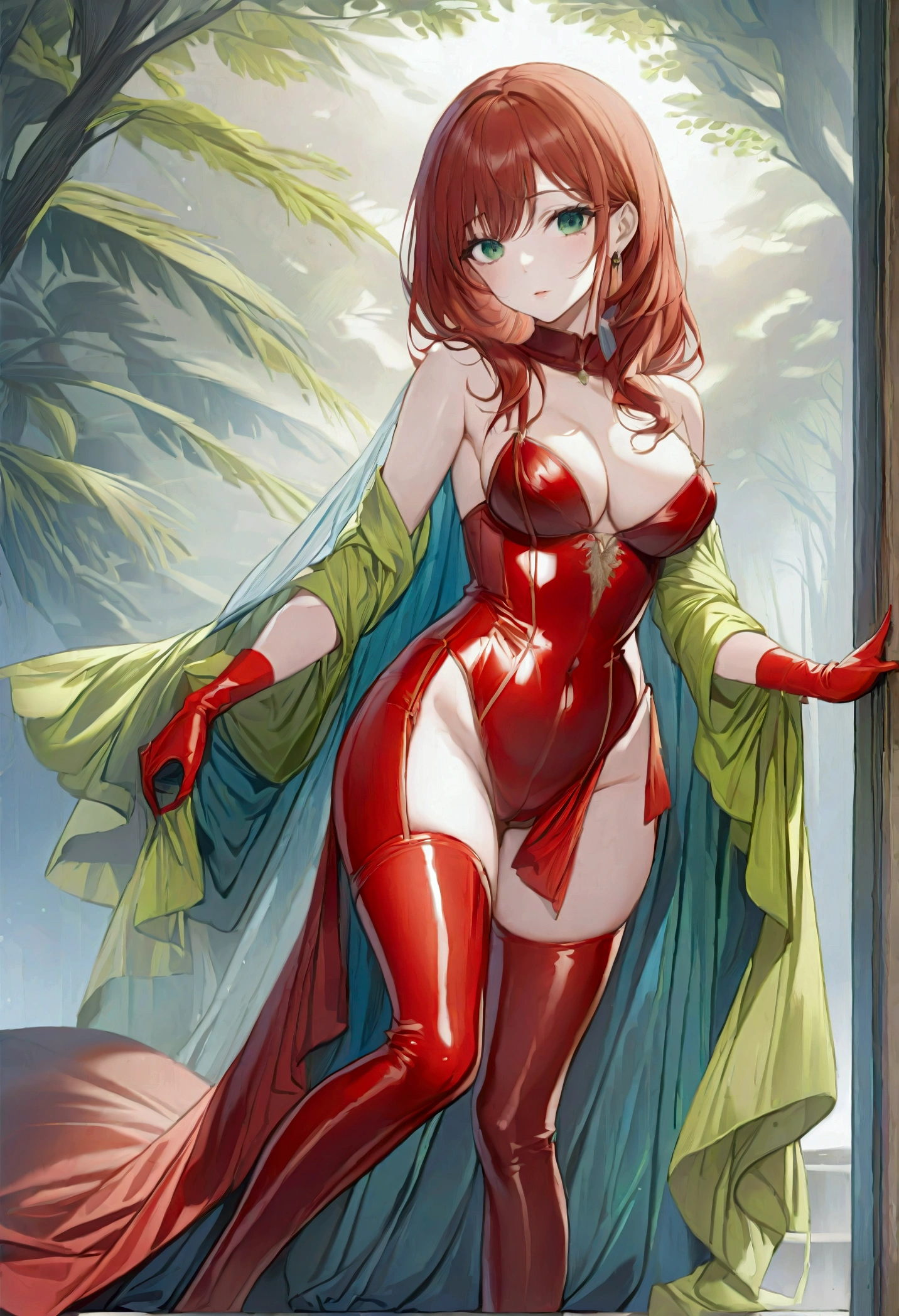 Sexy redhead, emerald green eyes, red latex bra, red latex thong, red latex opera gloves, red latex thigh highs, 18+, promiscuous, flirtatious pose