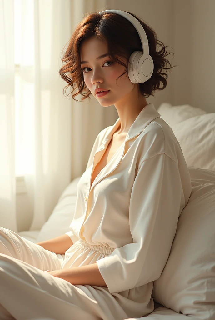 (photorealism:1.2), beautiful woman, white background, white pajama, wearing headphone, pajama pants, short curly hair, indoors, soft lighting, cozy room, sweet pose, realistic, intricate details, warm colors, by Greg Rutkowski, by Alphonse Mucha