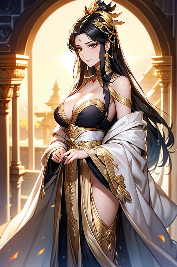 Black Hair, Immortal, Beauty, Royal sister, Stepmother, White and gold robe robe, Golden Phoenix Coronet, Hair Bunch, Beautiful Breasts , Mature Woman,Sunshine