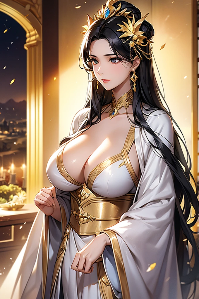 Black Hair, Immortal, Beauty, Royal sister, Stepmother, White and gold robe robe, Golden Phoenix Coronet, Hair Bunch, Beautiful Breasts , Mature Woman,Sunshine