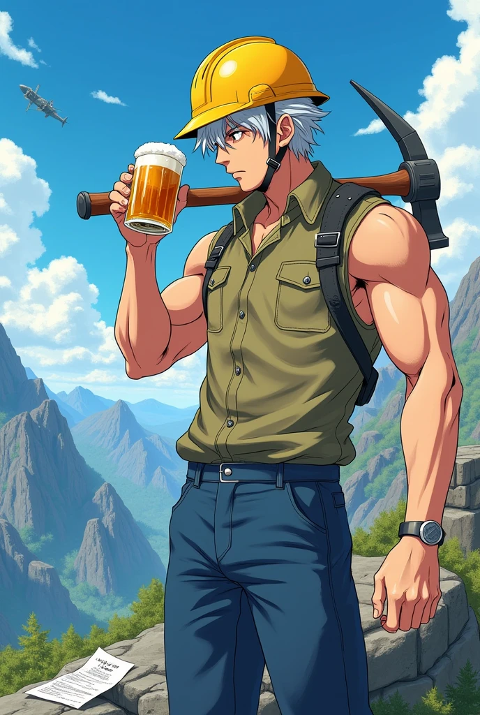 Fascinating anime-style illustrations。
A young Japanese man wearing a yellow helmet。Thick eyebrows。His face looks like a beautiful woman&#39;s。Silver hair that reaches down to the shoulders。The arm muscles are amazing。Wearing a khaki vest。Wearing navy blue trousers。My groin is bulging。Hands holding pickaxe on shoulder。He is about to drink beer from the mug he is holding in his other hand。I&#39;m on a rock。
Behind it are high mountains and plateaus.。Blue sky。Clear air。A space caterpillar is seen on a high mountain.。
In the upper right corner, a cyberpunk framework「Takuman Channel」It is written。
At your feet「Additional tax」There is a document lying around that says。
