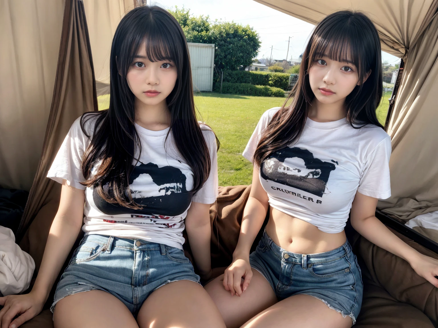masterpiece, best quality, illustration, Super detailed, fine details, High resolution, 8K,wall paper, perfect dynamic composition,(Details High quality, realistic depiction of eyes:1.3), (2 girls), Tattered clothes, (The collapsed room), (Inside the barrack tent), (wearing a tattered and dirty t-shirt.:1.1), Wearing baggy pants, dirty body, (Messy long hair), black hair color, Big Natural Color Lip,  crying a little、cold gaze, Harajuku style、20 year old girl、cute type、lolita, Gravure Idol, full body photo、focus on crotch, huge breasts