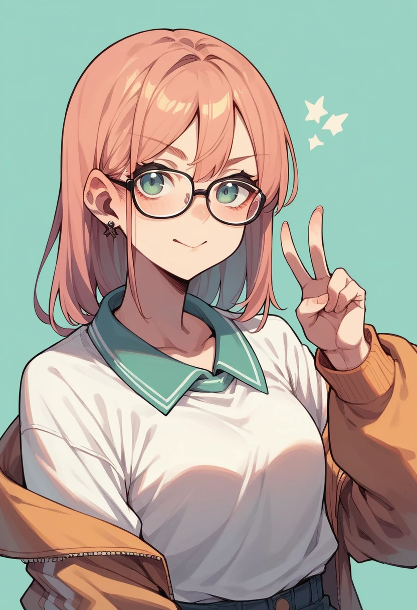 anime girl with glasses making a peace sign with her finger