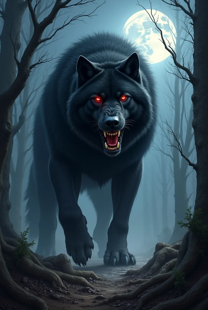 Giant black wolf with red eyes 