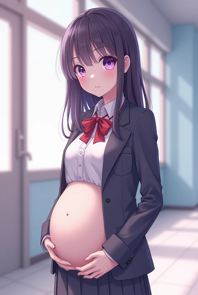 High school girl, lilac eyes, five months pregnant, blazer uniform, anime