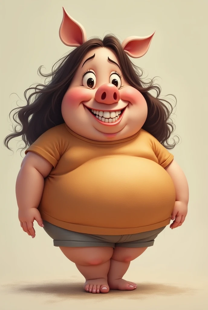 A woman with a pig nose and bucktoothed front teeth　Are fat　Clothing　cute　Long Hair