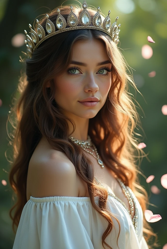 Queen, Druid, Woman, Linda, tiara dourada, doradas, white gown, forst, naturey, blue colored eyes, powers, mystic, Long Defined Hair, brown, Youngh, jewelry, SPARKLES, especial effects, petals flying
