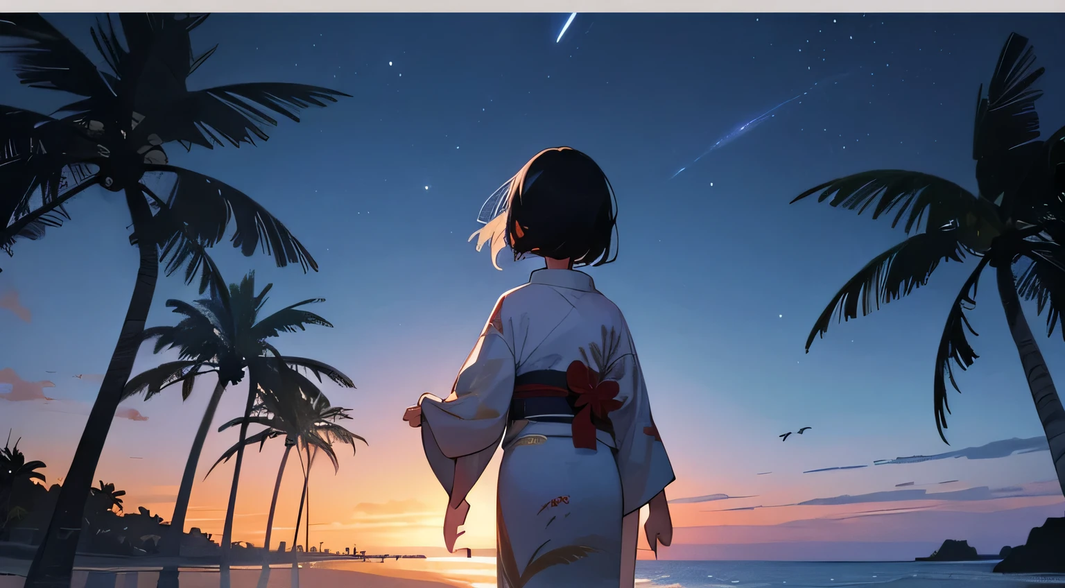 night sky,beach,palm tree,stars,kimono,japanese girl,back view