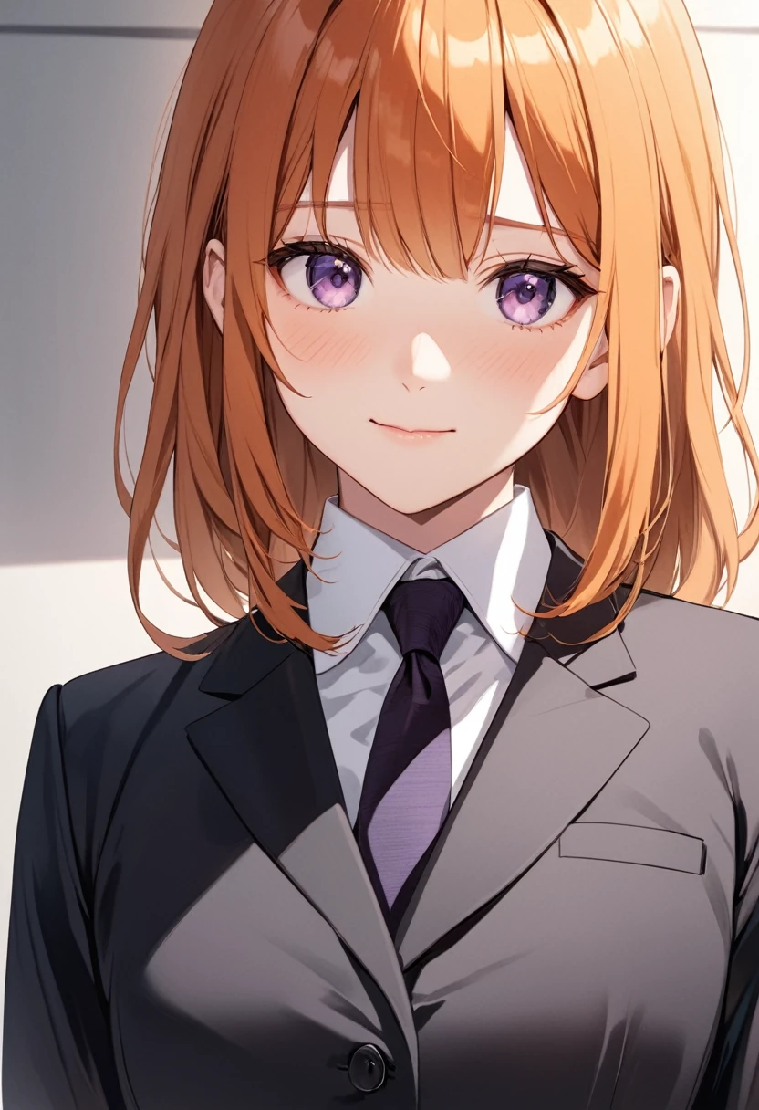 Illustration, anime, purple eyes, orange hair, suit and tie, shy smile, one girl