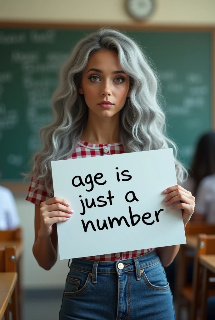 A beautiful youthful looking Hispanic version of a gray haired Ariana Grande as a 50 years old woma n with long her completely gray hair in a big curls styles as a high school student wearing a high school uniform in a high school classroom holding a white board with text " age is just a number" and showing it to the viewer
