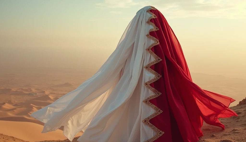 Bahrain as an arabic League of Legend creature in white and red colors separated by a serrated line. Intricated clothing. Cinematic Fantasy sci-fi landscape background