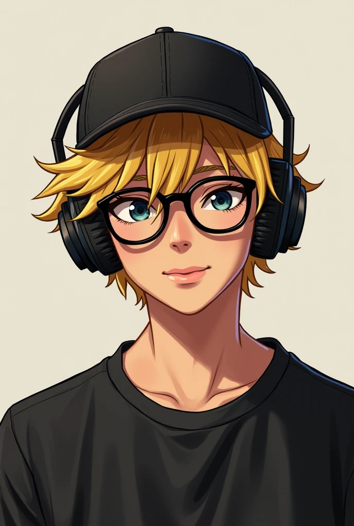 Male character messy fluffy blonde yellow hair,black headphones,black cap,black glasses,black shirt 
