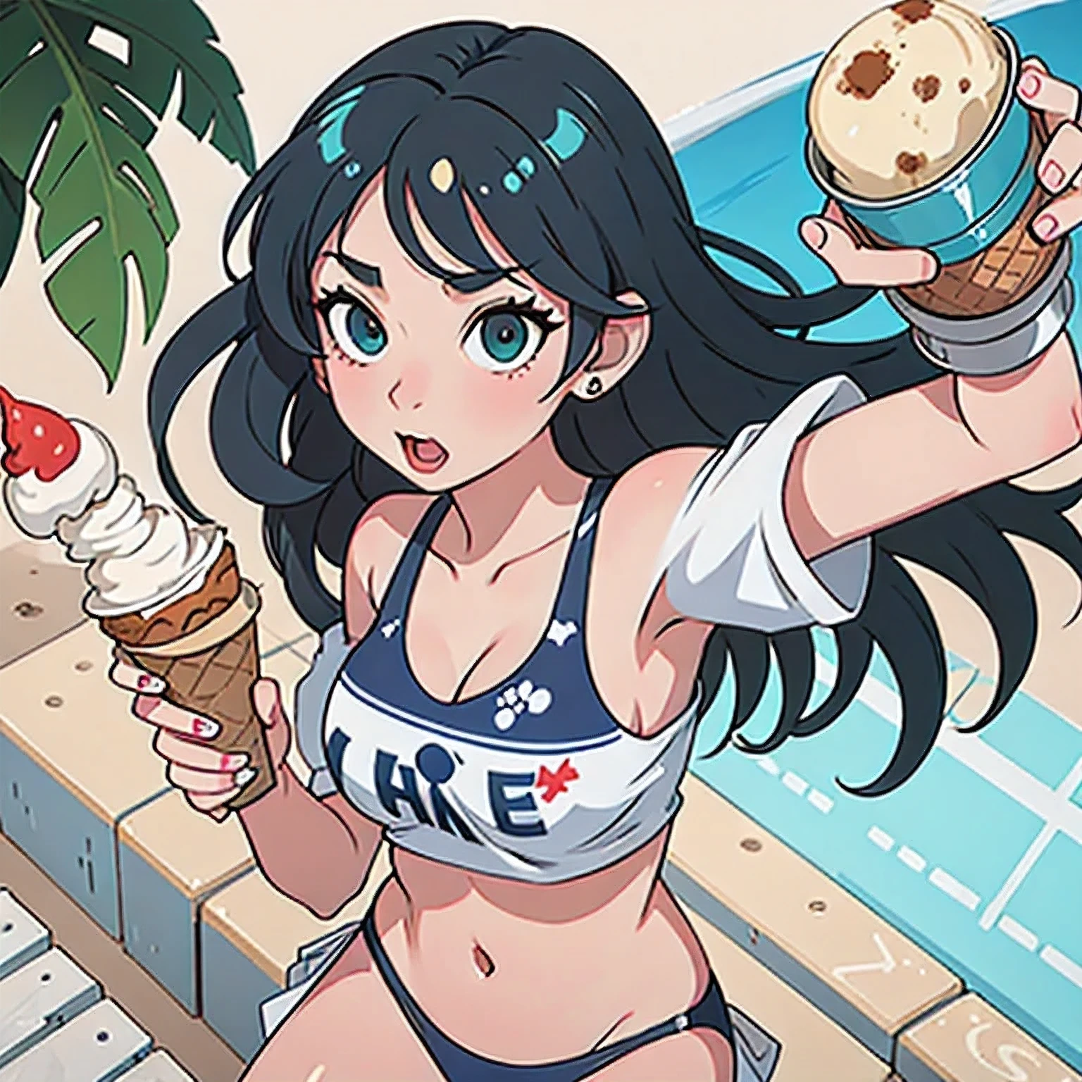 girl in a bikini eating an ice cream cone, eating ice cream, in a bikini, angela white, giorgia meloni, katy perry, in bikini, eating ice - cream, wearing spandex bikini, ice cream on the side, bikini, ice cream, wearing a bikini, candid photo of dirty, shiny plastic bikini, candid shot, cone, 1 girl, solo，in a green dress standing by a wall,portrait of female idol