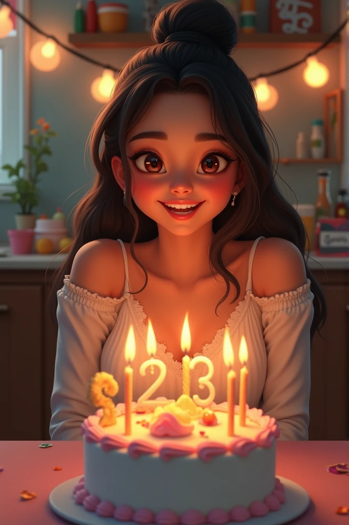 23 year old Girl celebrating birthday, cutting cake, seeing to viewers