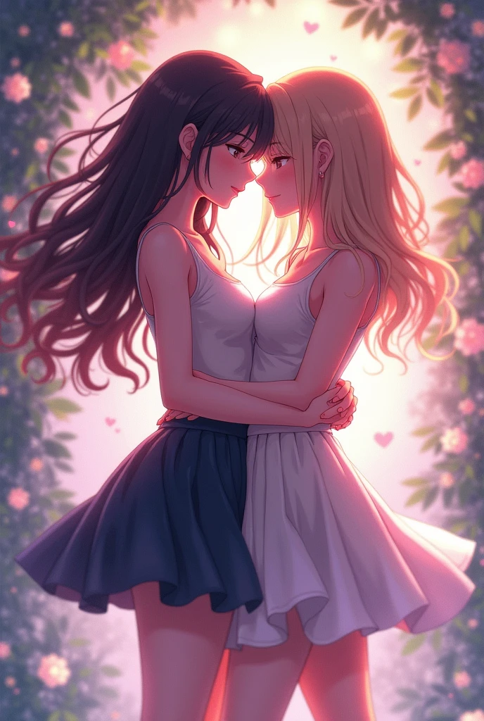 Women kissing in short skirt anime