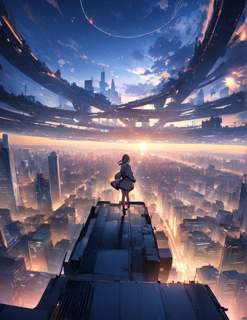 (anime)、(masterpiece:1.2),Atmospheric perspective,Lens flare、Ultra-wide background focused on the girl、Future City、girl standing on the roof