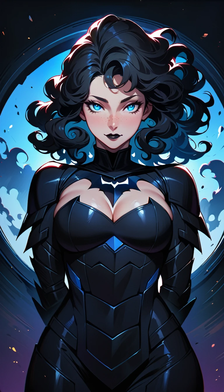 (high quality, 8k, 4K, high contrast, artwork:1.2, high quality, best aesthetics), (centered), ((1 woman)), erotic, sensual, mature body, grown woman, adult female, super detailed, beautiful face detailed, beautiful eyes detailed, detailed beautiful mouth, (long black curly hair), (blue eyes), (black eyeliner), (black eyeshadow), (freckles on cheeks), (black lipstick), (standing), (straight body posture), (front view of woman), (facing camera), (hands behind back), (wearing Batman's armor)