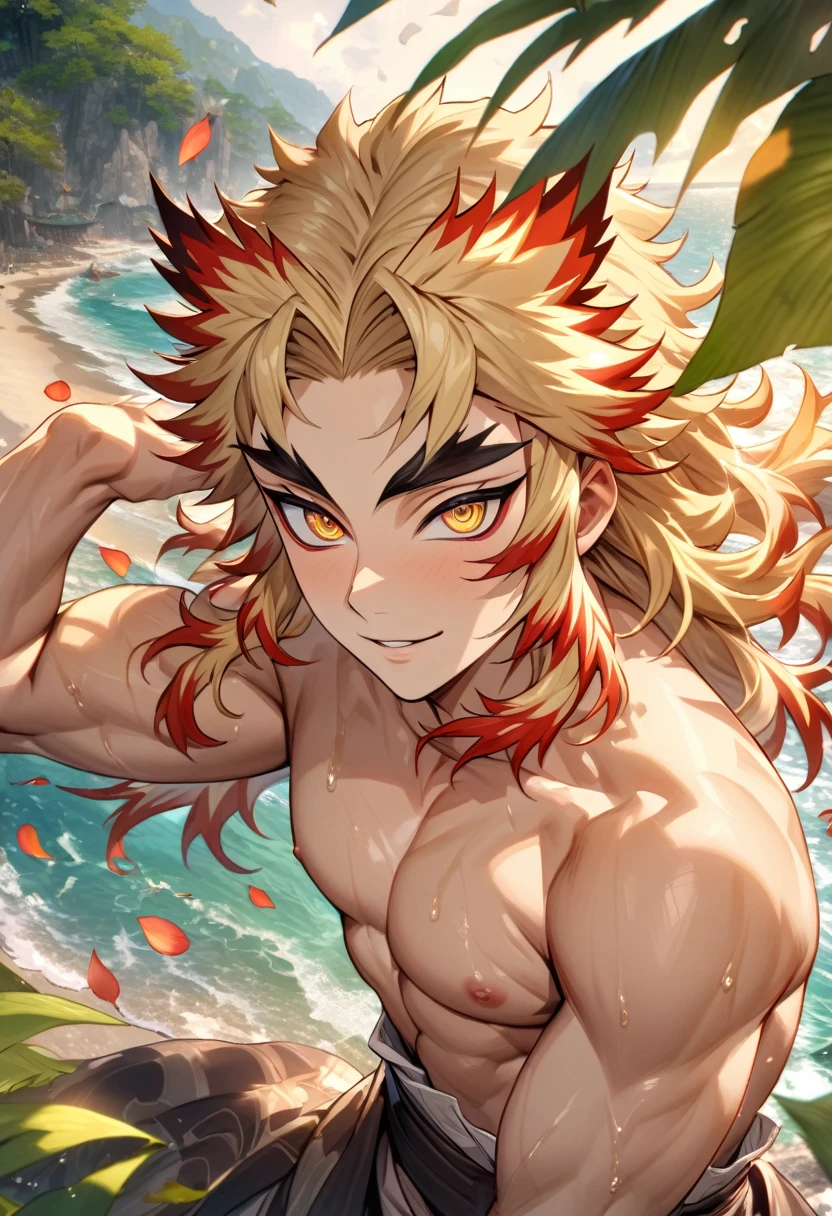Ultra detailed, HDR, Highres, absurdres, master piece, Rengoku Kyojuro, blonde hair with red tips, expressive yellow eyes, without shirt, bare chest, toned chest, Kimetsu No Yaiba, sexy man, handsome, flowers, petals, fantasy, magical, green leaves, handsome, best quality, glittering, sensual, horny, water, beach, solo, handsome smile,