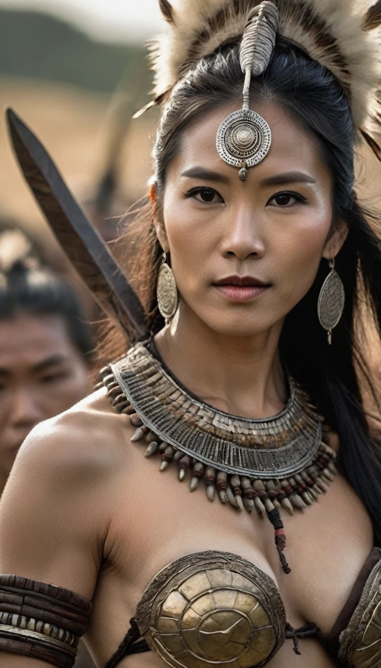 (Asian woman), ((หน้าbeautiful)), (detailed face), ((naked)), ((Bare lower body)), ((NUDE)), (Female shaman)
, with beautiful and intense facial features
, surrounded by many warriors fighting and many injured or fallen. The scene is strong and intense
, Beautiful girl with slim abdominal muscles: 1.4, Six pack abs: 1.4, Chest Botox, small, perfect athlete body, slim, (See the legs), legs details, (Barefoot)
, (proportional figure), very detailed image, (In ancient ceremonies), realistic, Highly detailed, perfect composition
, beautiful, There are complicated details., Incredible detail
, Artistic photography in 8k, There are too many details., Masterpiece