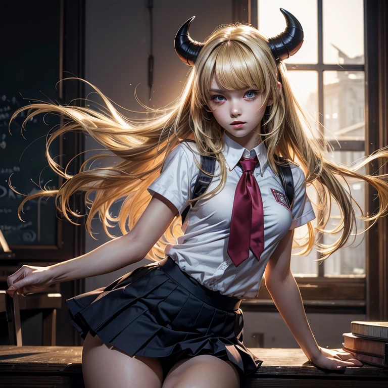 ((ultra realisitic)), ((picture-perfect)), ((face perfect)), ((ultra detaild)), ((fully body)), ((perfectbody)),, 1 girl, seifuku, 's uniform, School, sucubus, blonde, shorth hair, Demon girl, fully body