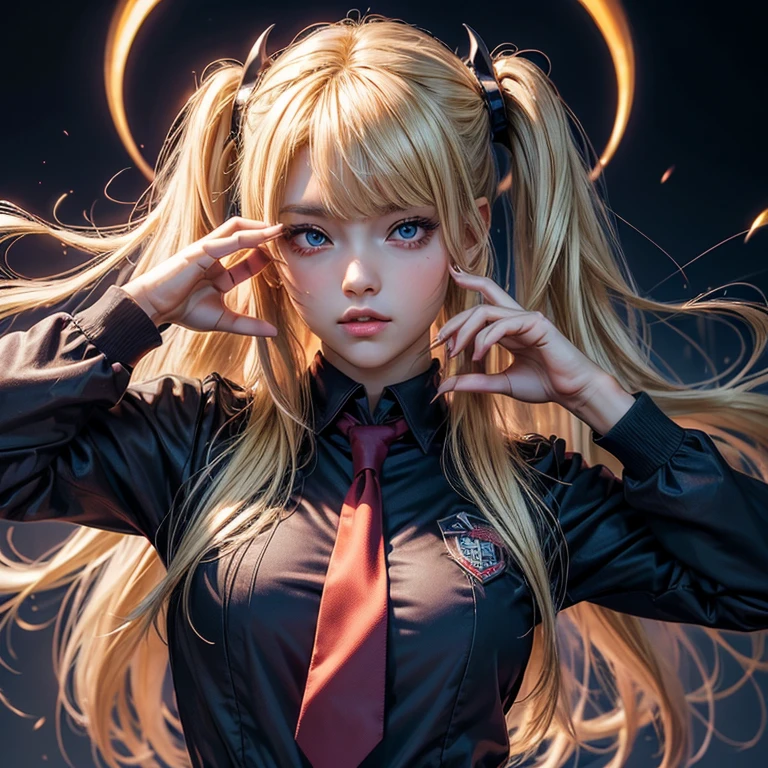 ((ultra realisitic)), ((picture-perfect)), ((face perfect)), ((ultra detaild)), ((fully body)), ((perfectbody)),, 1 girl, seifuku, 's uniform, School, sucubus, blonde, shorth hair, Demon girl, fully body