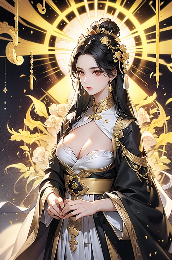 Black Hair, Immortal, Beauty, Royal sister, Stepmother, White and Gold Taoist robe, Golden Phoenix Coronet, Hair Bunch, Beautiful Breasts , Mature Woman,Sunshine