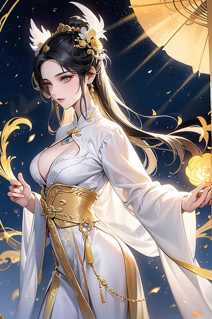 Black Hair, Immortal, Beauty, Royal sister, Stepmother, White and Gold Taoist robe, Golden Phoenix Coronet, Hair Bunch, Beautiful Breasts , Mature Woman，Sunshine