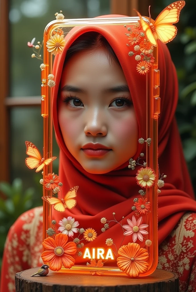 A beautiful Indonesian girl in a red hijab with a smiling face poses in a transparent 3D smartphone jelly shining golden red decorated with various colors of flowers and butterflies around a glass wooden board, her face is clearly visible. There is green glass and some birds around the phone..featuring the name &#39;AIRA&#39;. on smartphone