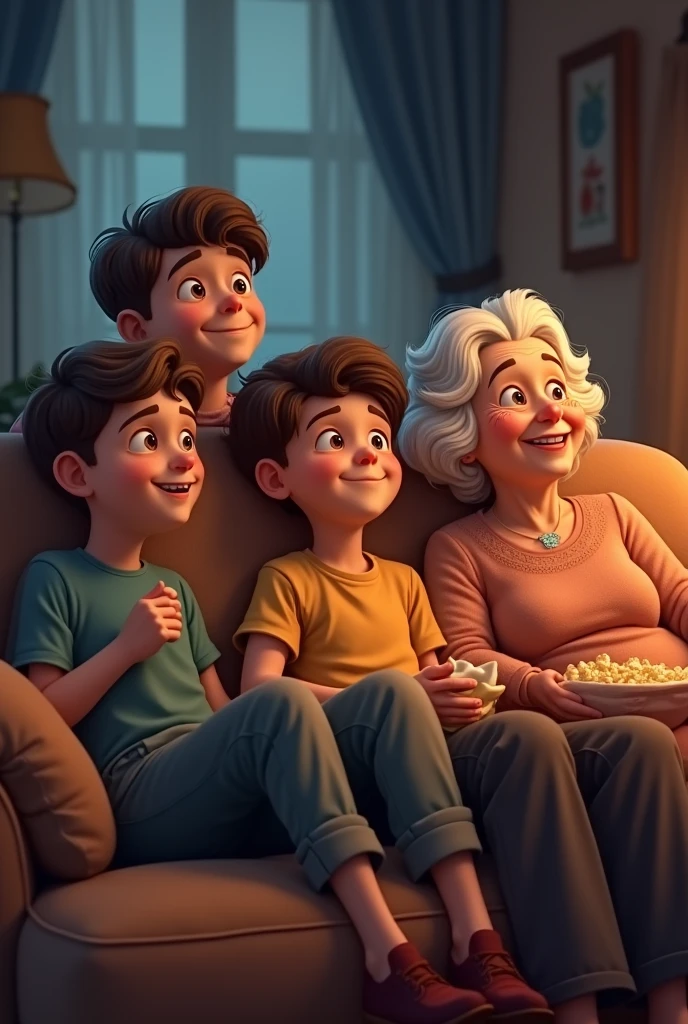 Three brothers and a grandmother watching a movie 

